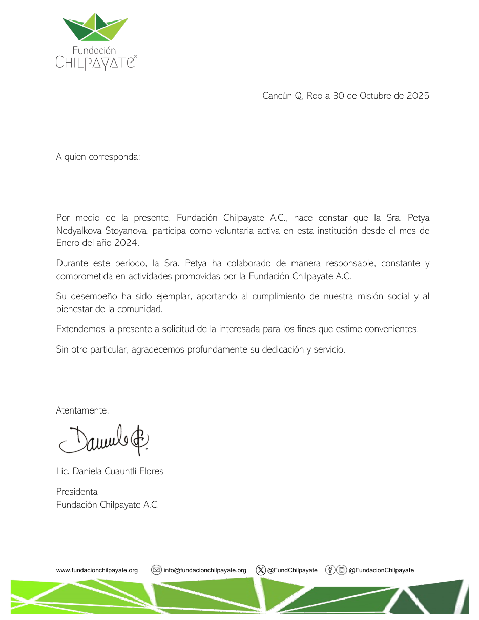 Letter of recommendation from Fundación Chilpayate A.C.